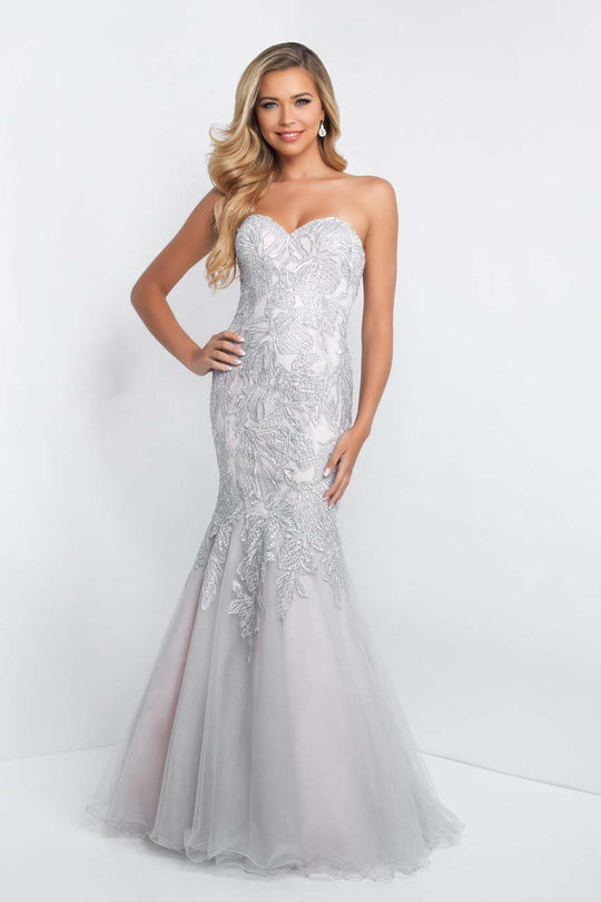 Blush - C1068 Strapless Sequined Lace Mermaid Gown In Silver and Neutral