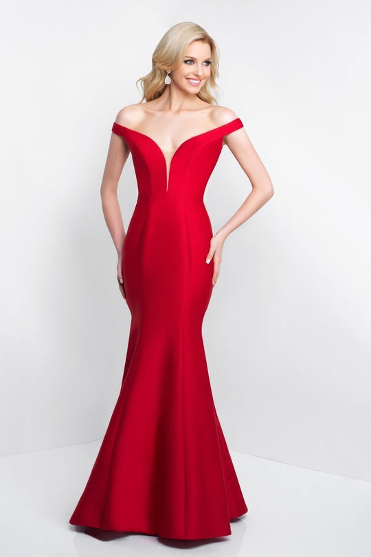 Blush - C1058 Plunging Off-Shoulder Mermaid Dress with Bow Accents In Red