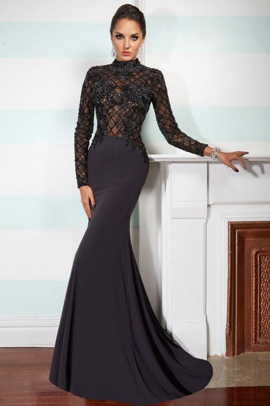 Janique W1003 High Neck Long Sleeved Sheer Beaded Bodice Jersey Gown in Black