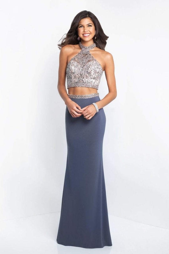 Intrigue - 433 Two Piece Beaded Halter Jersey Gown In Neutral and Gray