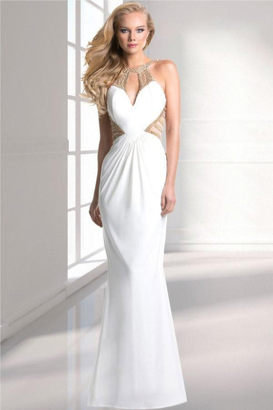 Janique 1601 Embellished Grecian Styled Jersey  Gown in White