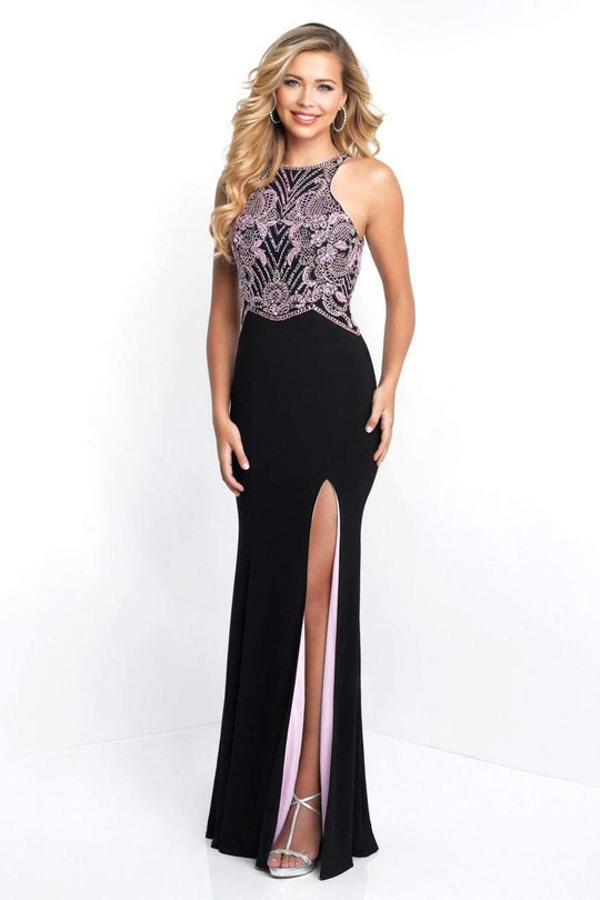 Intrigue - 431 Sleeveless Contrast Beaded Long Dress with Slit In Black and Pink