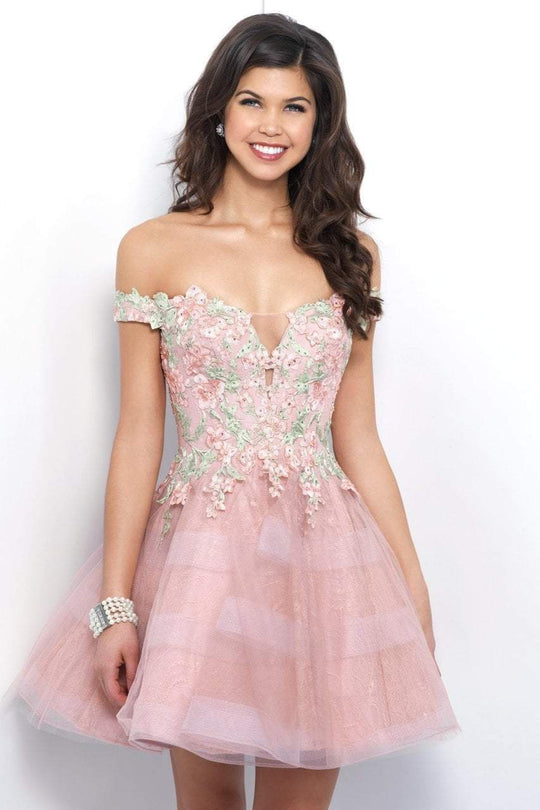 Blush - 11382 Floral Applique Off-Shoulder Tulle Cocktail Dress In Pink