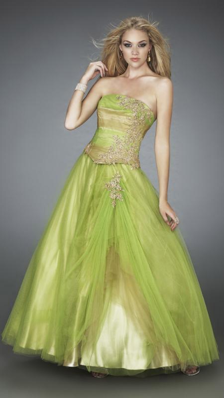 La Femme - 11788 Multi-Toned Lace Appliqued Strapless Ball Gown in Green and Gold