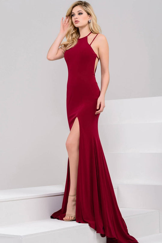 Halter High Slit Jersey Mermaid Gown  JVN49352