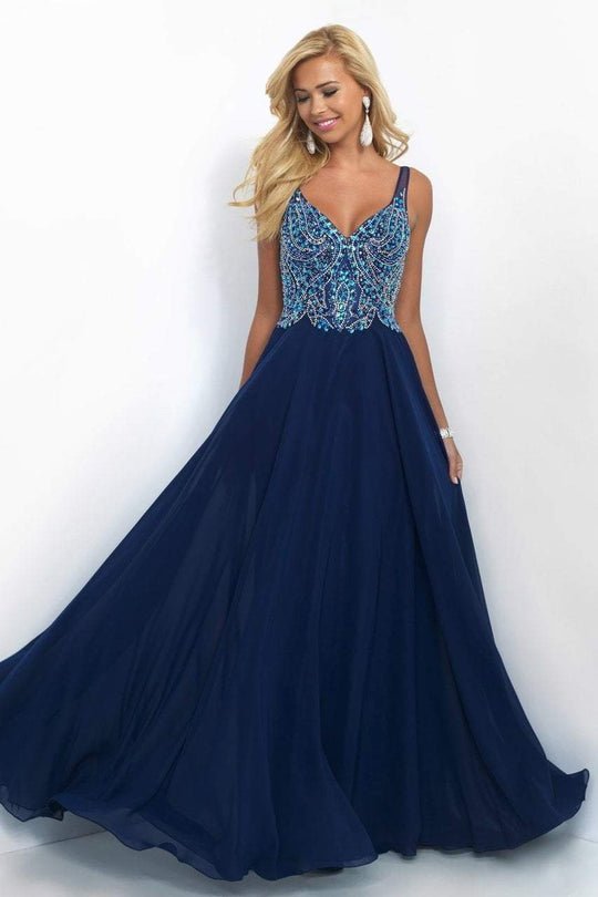 Blush - Beaded V-Neck Chiffon A-Line Dress 11058 In Blue