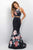 Blush - Two-Piece Floral Halter Neck Satin Mermaid Gown  11137 In Black and Multi-Color
