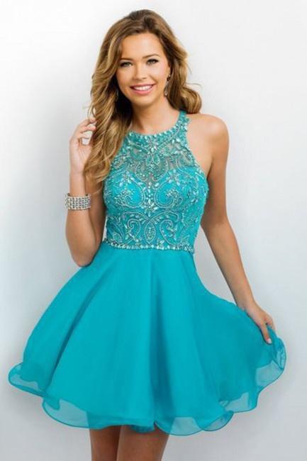 Intrigue - Beaded Halter Neck Fit and Flare Dress 234 In Blue