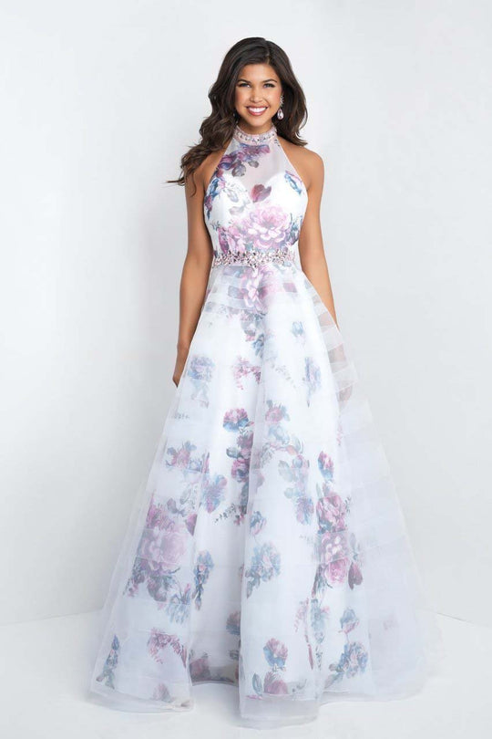 Blush - 5655 Floral Printed Halter Organza Gown with Tulle Overlay In White and Multi-Color