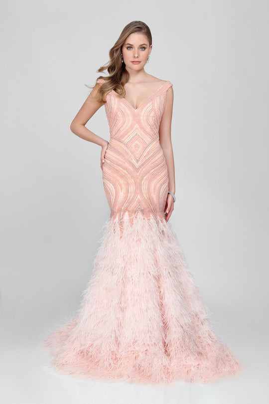 Terani Couture - Charming Beaded V-neck Mermaid Gown 1721GL4461 in Pink