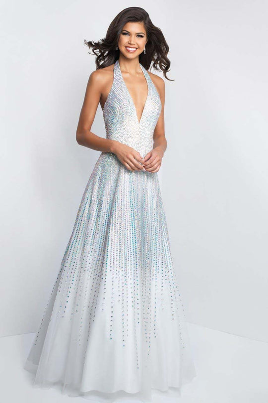 Blush - C1074 Glittering Plunging V-Neck Beaded A-Line Dress In White