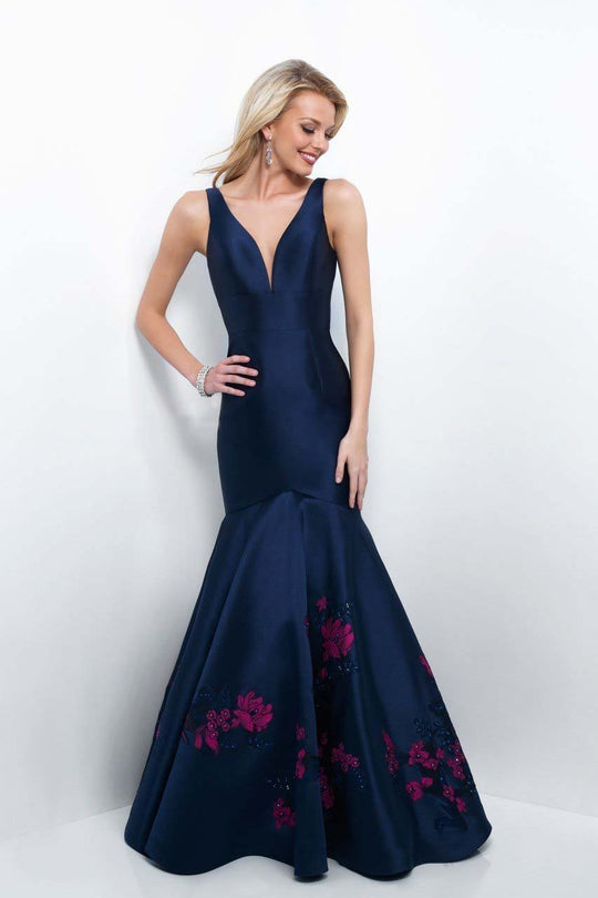 Blush - 11388 Deep V-neck Mikado Mermaid  In Blue and Multi-Color