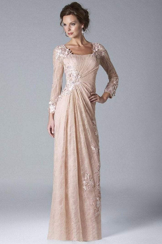 Janique  W034 Long Sleeved Ruched Bodice Lace Gown in Pink