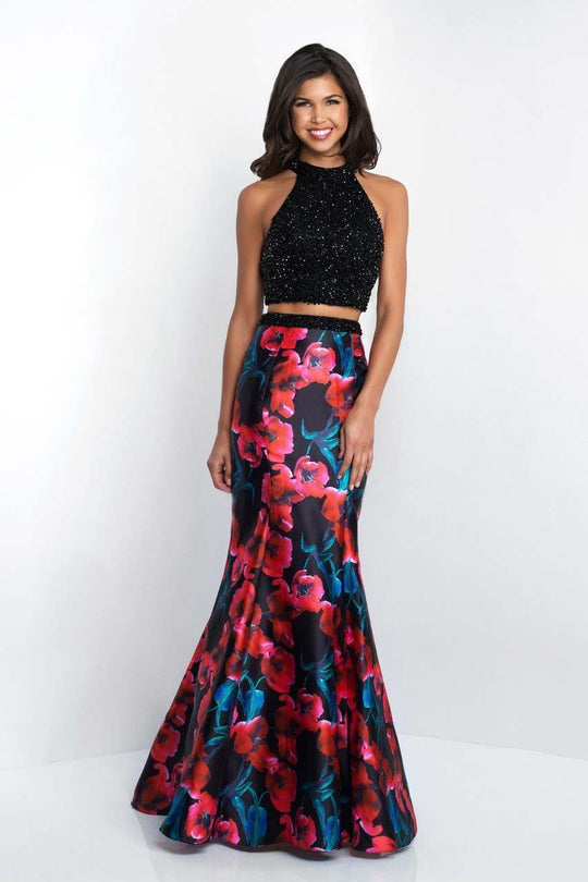 Blush - 11509 Two Piece Beaded Halter Floral Mermaid Gown In Black and Multi-Color