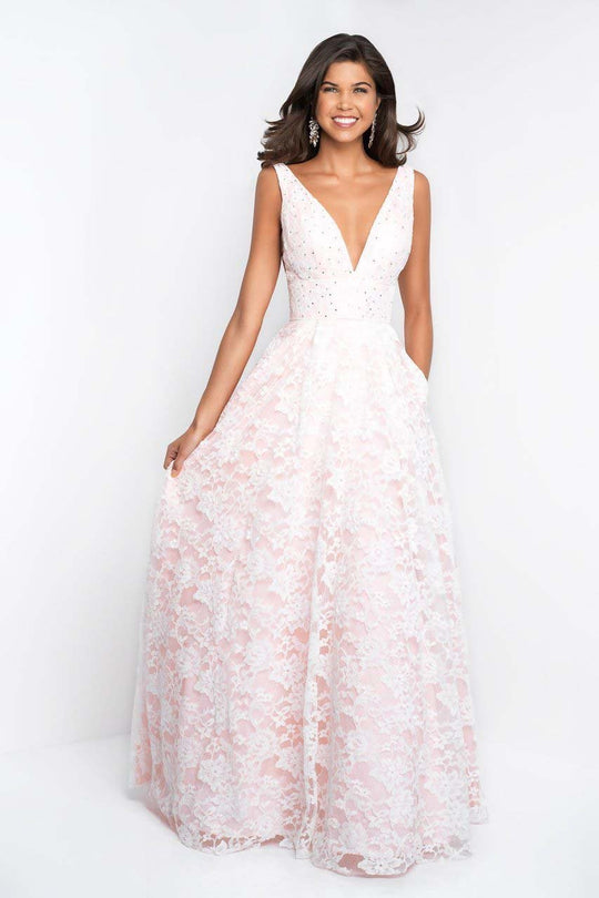 Blush - 5682 V-Neck Beaded Lace Satin Prom Gown In White and Pink