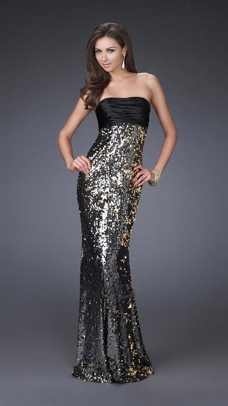 La Femme - Shimmering Sheath Long Evening Dress with  In Black and Silver