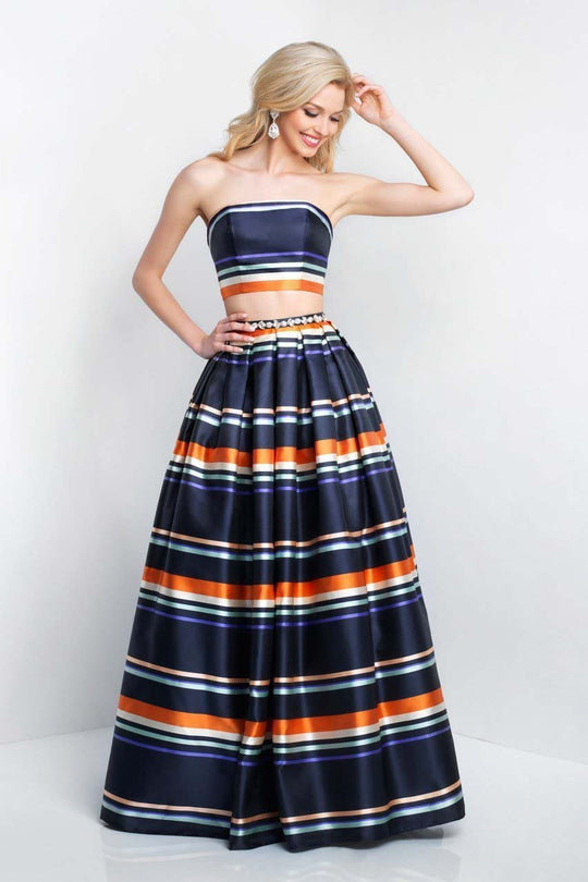 Blush - 5659 Strapless Printed Satin Mikado Two Piece Gown In Black and Multi-Color