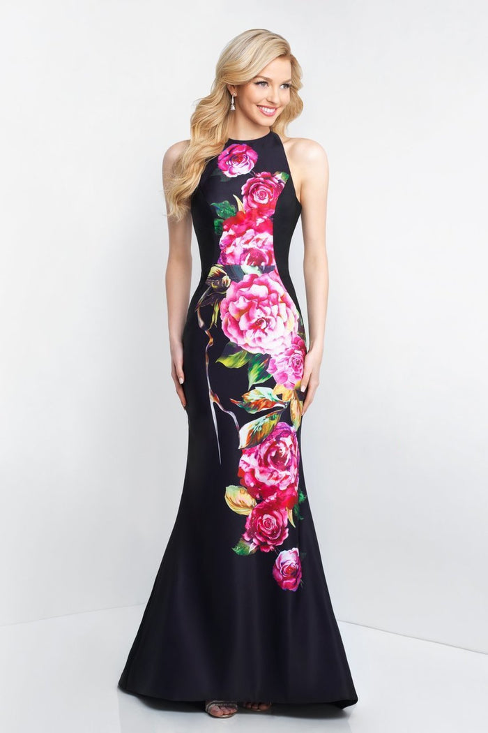 Blush - C1040 Sleek Floral Print Halter Sheath Dress In Black and Pink