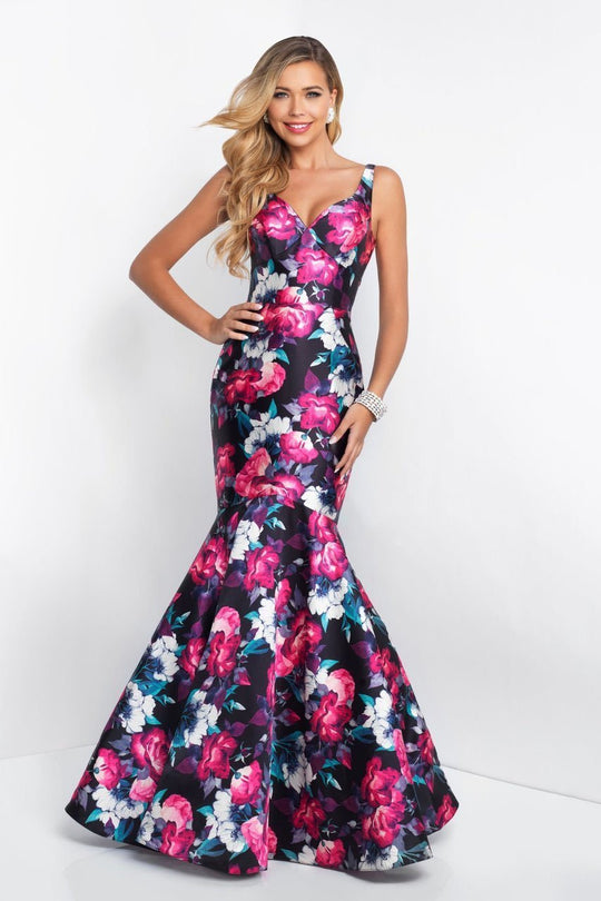 Intrigue - 403 Sleeveless Sweetheart Floral Mikado Trumpet Gown In Black and Floral