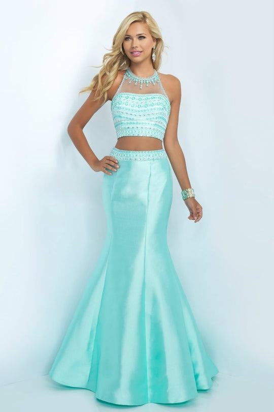 Blush - Crystal-encrusted Halter Neck Trumpet Gown 11084 in Blue