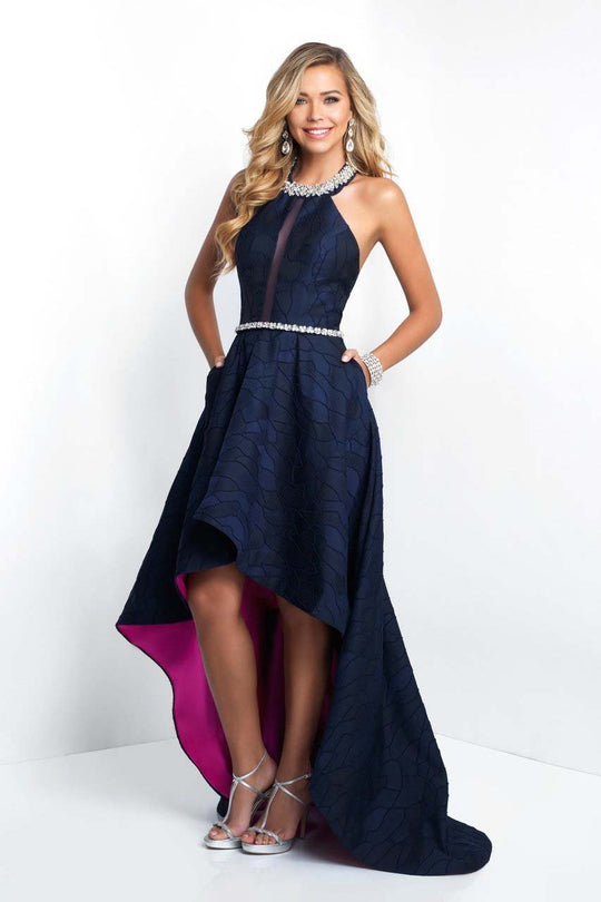 Blush - 11553 Crystal Encrusted Halter High Low Gown In Blue and Pink