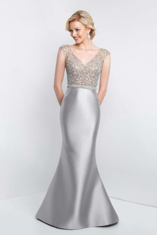 Blush - S2003 Shawl Beaded Cap Sleeves V-neck Mermaid Gown In Silver and Neutral
