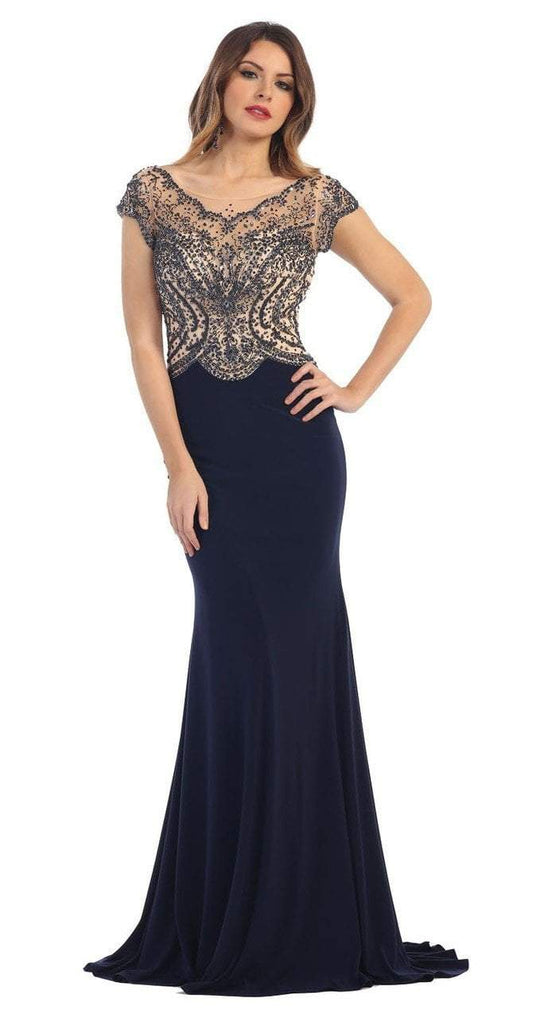 May Queen - Illusion Embellished Bodice Sheath Dress RQ7310 In Blue