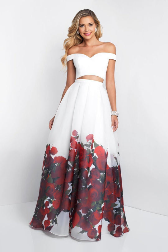 Intrigue - 445 Off the Shoulder Floral Printed Organza Prom Gown In White and Multi-Color