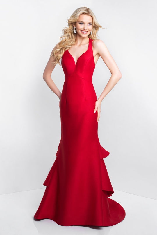 Blush - C1059 Halter Mikado Tiered Mermaid Dress In Red