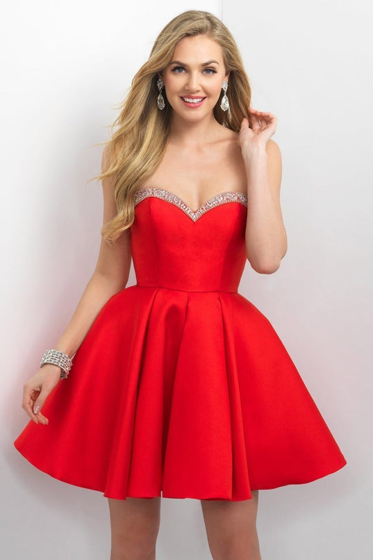 Blush - Jewel-accented Sweetheart A-Line Dress 11152 in Red