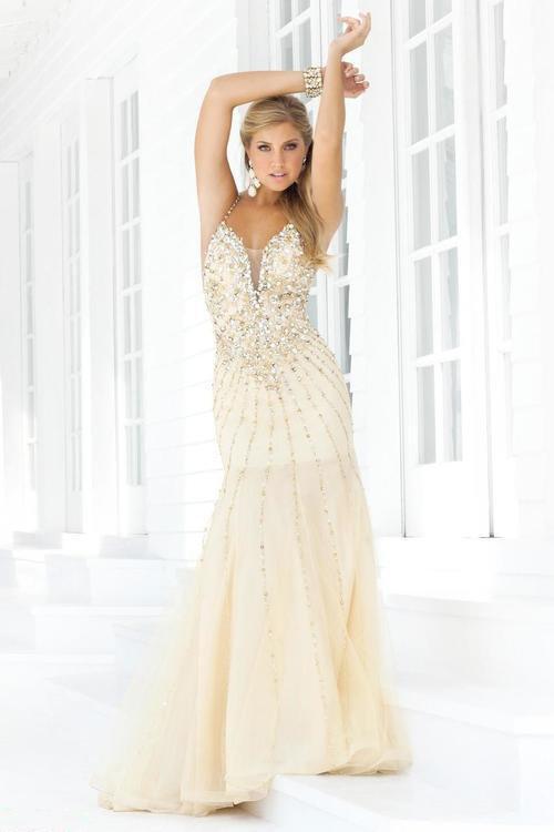 Blush - Sequined Trumpet Gown with Open Back 9325 in Neutral