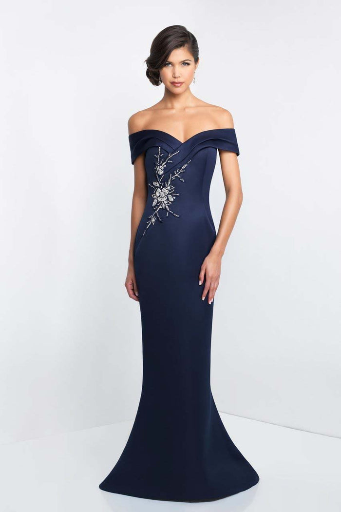 Blush - S2013 Shawl Pleated Off-Shoulder Satin Mermaid Gown In Blue