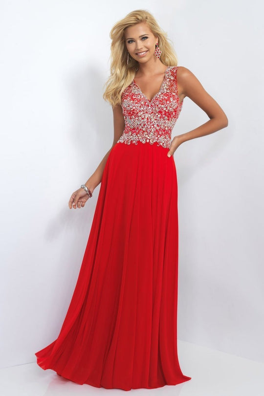 Blush - Crystal-encrusted V-Neck Chiffon A-Line Gown 11108 in Red