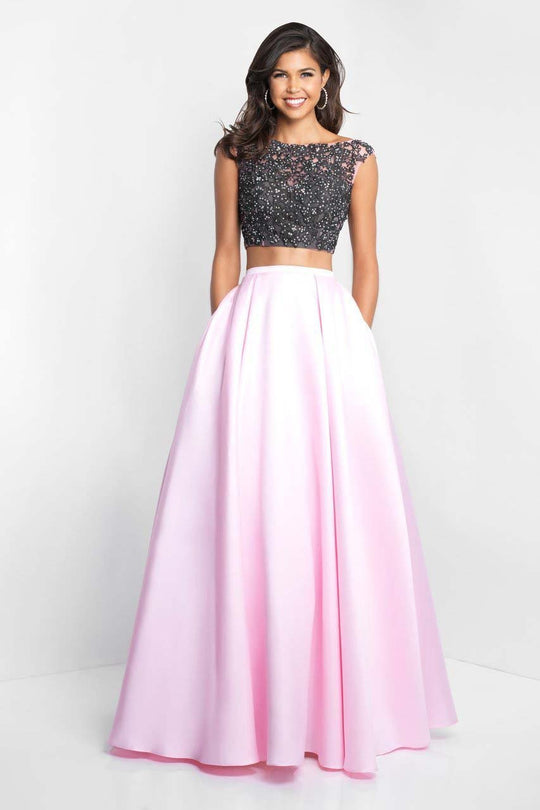 Blush - 5673 Cap Sleeve Lace and Mikado Two Piece Gown In Black and Pink