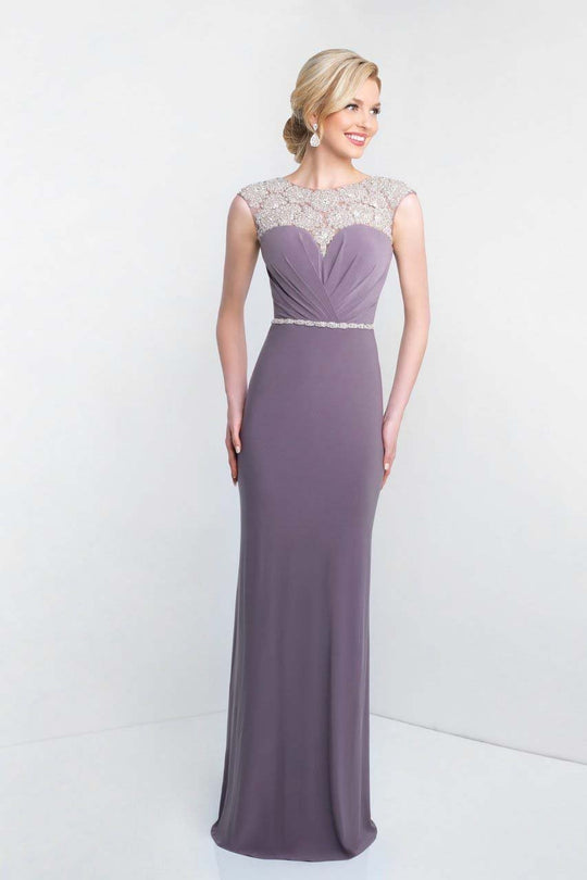 Blush - S2029 Sheer Crystal Embellished Jewel Neck Sheath Gown In Gray