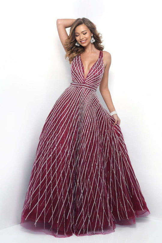 Blush - 7100 Sparkling Plunging V-Neck Beaded Evening Gown In Red