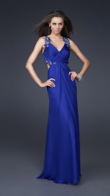 La Femme - Appealing Beaded V-Neck Chiffon Sheath Dress 16507 in Blue