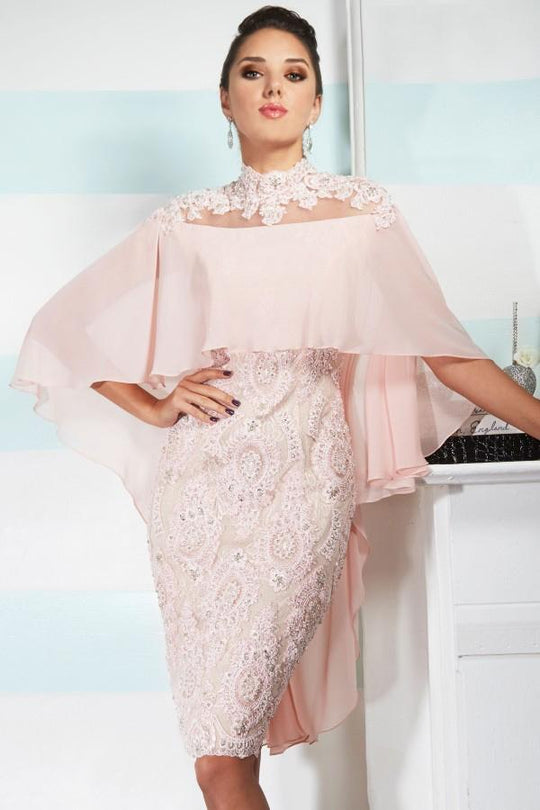 Janique  W1011  Short Embellished Lace Cocktail Dress With Chiffon Cape in Pink
