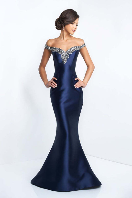 Blush - S2014 Shawl Embellished Off-Shoulder Mermaid Gown In Blue