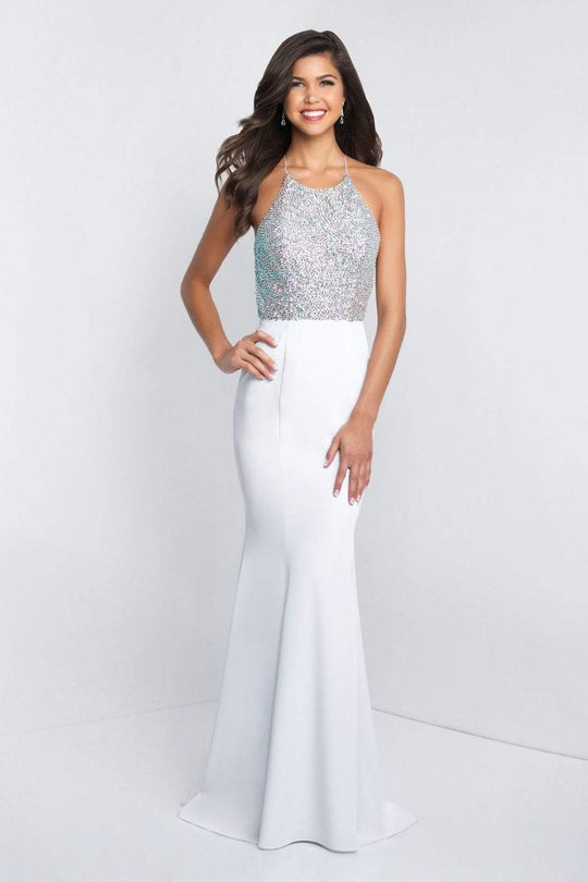 Blush - C1030 Sleeveless Beaded Halter Ruffle Sheath Dress In White