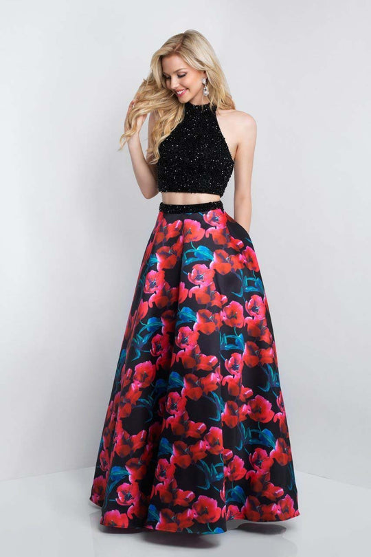 Blush - 5668 Beaded Halter Floral Printed Mikado A-line Gown In Black and Multi-Color