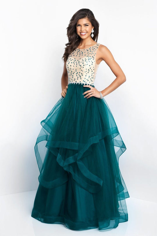 Intrigue - 421 Beaded Illusion Scoop A-line Dress In Neutral and Green