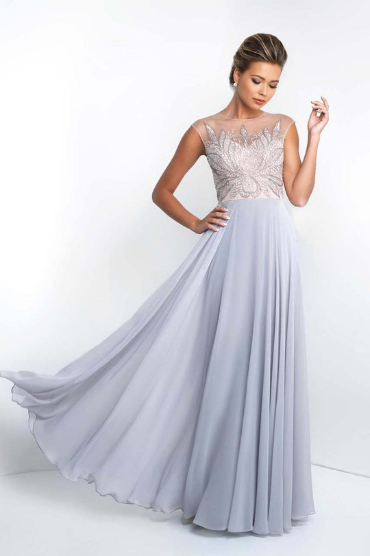 Blush - S2022 Shawl Illusion Jewel Neck Beaded Chiffon Gown In Silver and Neutral
