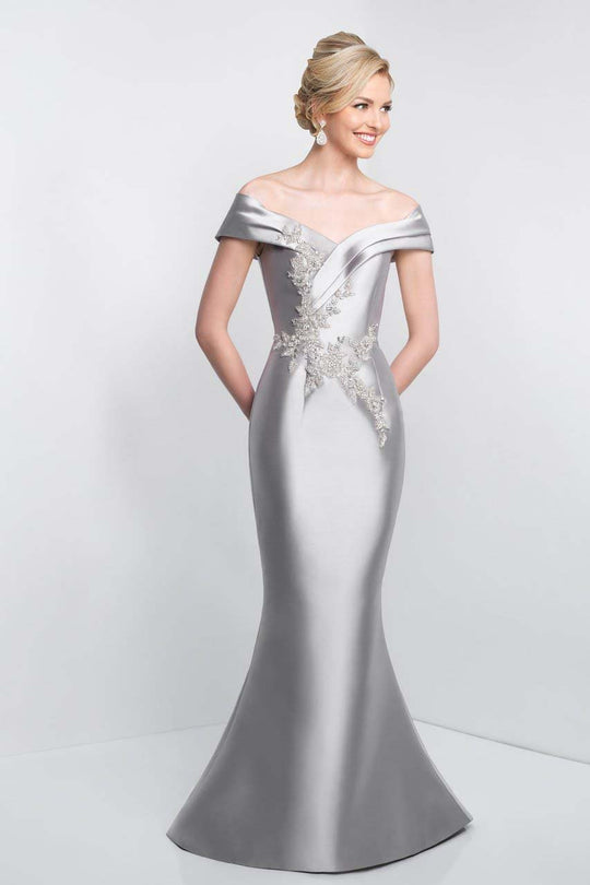 Blush - S2006 Shawl Off-Shoulder Mikado Mermaid Gown In Silver