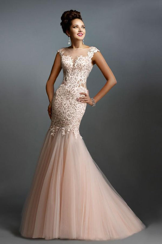 Janique - Laser Cut Floral Mermaid Gown 1512 in Pink