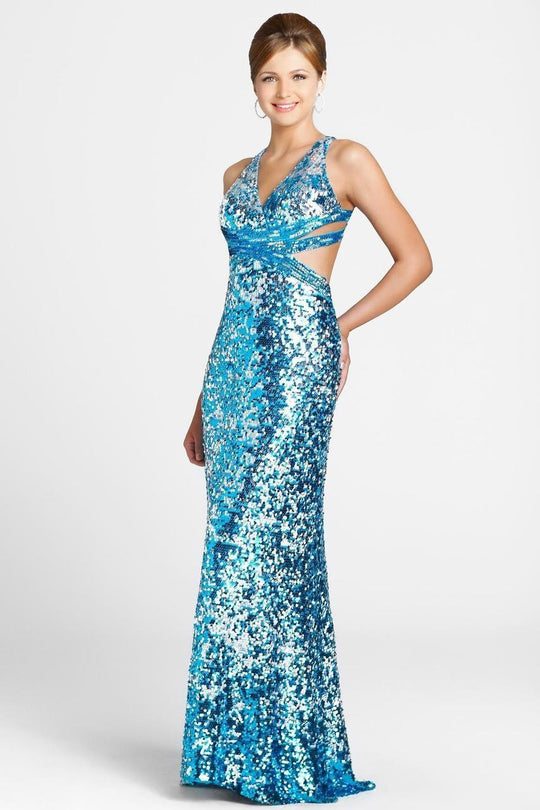 Blush - Sparkling Beaded Side Cut Outs Long Gown 9236 In Blue and Silver