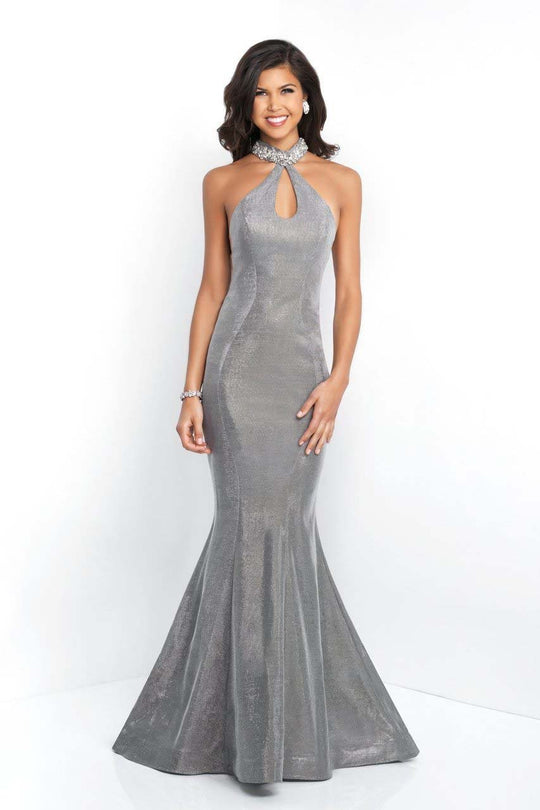 Blush - 11528 Crystal Encrusted Halter Gown with Side Illusion In Gray