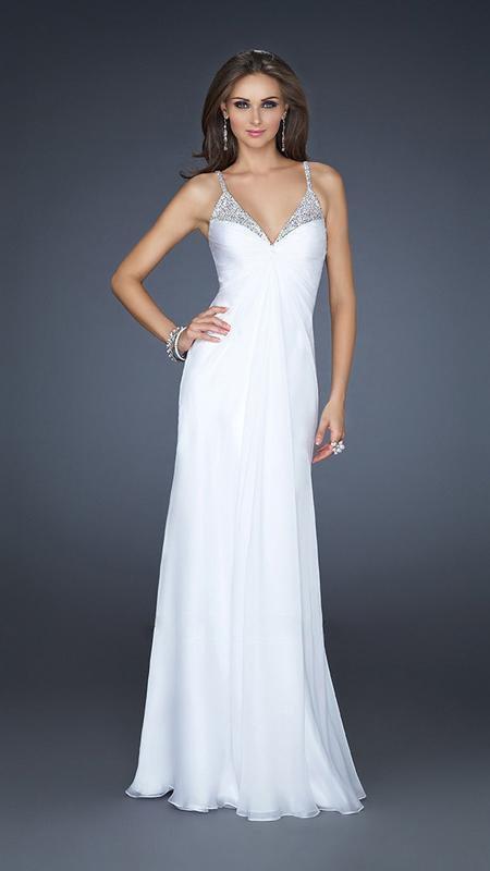 La Femme - 17019 Jewel-Adorned Ruched V-Neck Empire Gown In White
