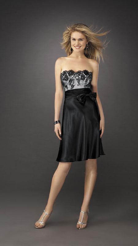 La Femme - Strapless Lace Scalloped Neck Short A-line Dress 12836 in Black and Silver