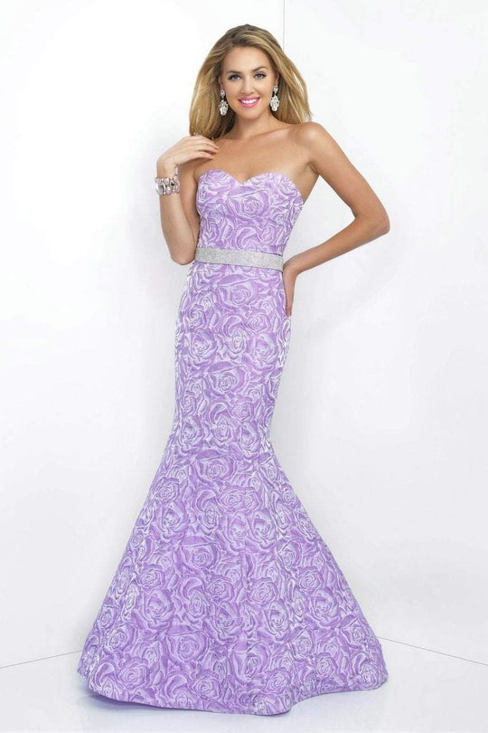 Blush - Floral Printed Sweetheart Brocatelle Mermaid Gown 11068 In Purple